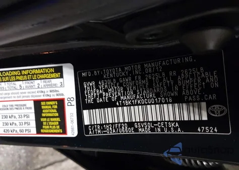 2012 Toyota Camry Se V6 из США, поврежденный, VIN 4T1BK1FK0CU017018